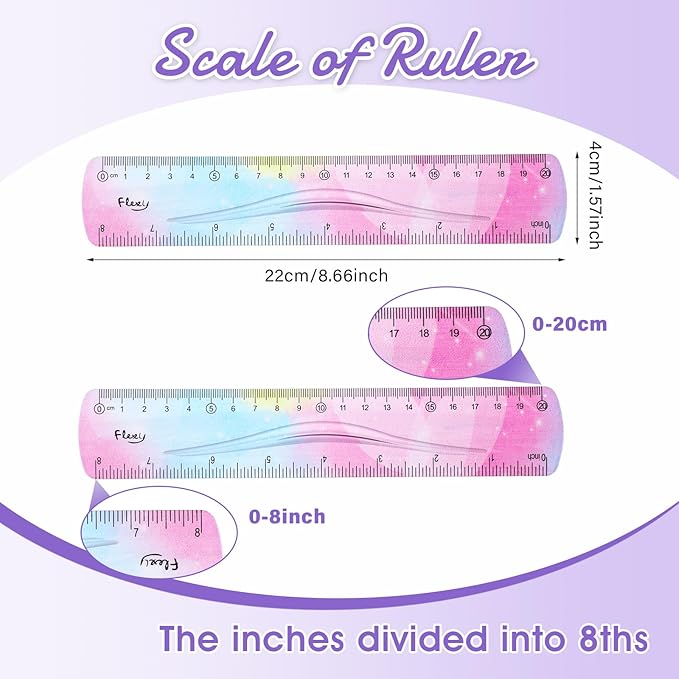 Grevosea 2 Pieces Flexible Ruler, 20cm/8inch Plastic Ruler Shatterproof Straight Edge Ruler Soft Bendable Ruler for School Classroom Office Kids & Adults (8inch)