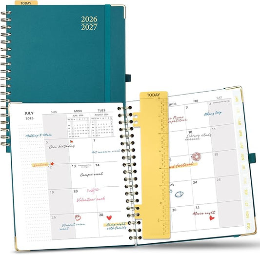 POPRUN 2026-2027 Monthly Planner, 18 Month Calendar (July 2026-Dec 2027), 7.5" x 9.5" B5 Spiral Hardcover Organizer with Dotted Note Pages, Professional Appointment Book for Business Office, Students & Teachers - Pacific Green
