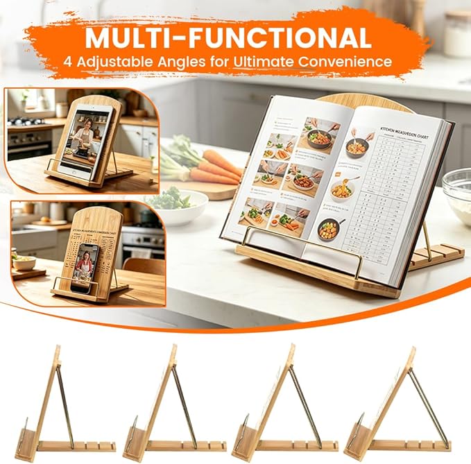 Adjustable Bamboo Cookbook Stand for Kitchen Counter – Multi-Functional Recipe Holder for Tablets, Cookbooks, Magazines & Textbooks – Perfect Kitchen Gift for Women (Kitchen Conversion Chart)