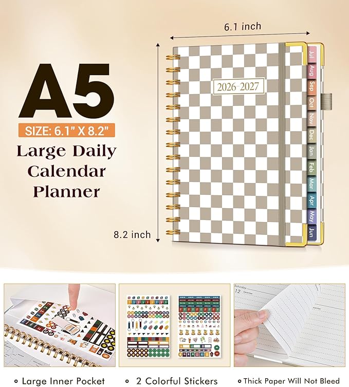 Academic Planner 2026-2027, Hardcover Weekly and Monthly Calendar Planner from July 2026 - June 2027, 6.1" x 8.2" A5 Daily Agenda with Tabs, College School Organizer for Student Teacher, Gingham