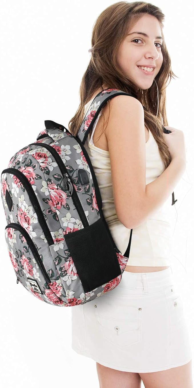 YAMTION Backpack for Women,School Backpack for Teen Girls College Backpack with USB Charging Port,Gray-Flower