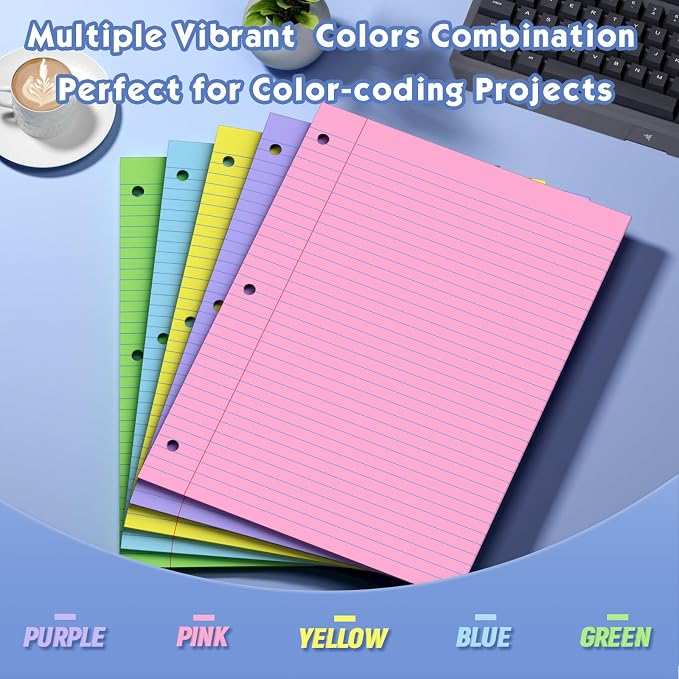 100 Sheets Colored 8x10.5 Inch Loose Leaf Paper, 5 Colored College Ruled 3 Hole Punched Notebook Paper, Color-Coded Note Taking for Students & Teachers, Office & School Supplies，20 Sheets Per Color
