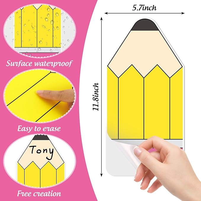 Whaline 12 Pcs Pencil Dry Erase Dots Removeable Vinyl Sticker Spots Yellow Pink Pencil Shape Dry-Erase Board Stickers for Back to School Whiteboards Desks Wall Teaching Supplies
