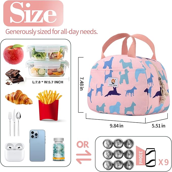 CaCTOUR Lunch Bag Kids,Cute Lunch Box for Kids Boys Girls,Portable Mini Cooler Bag,Small Insulated LunchBox Reusable Corduroy Lunch Tote for School/Travel/Picnic/Work (Dog)