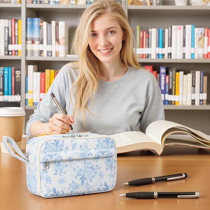 WOBAGMEN Quilted Pencil Pouch for Girls Women, Large Pencil Case Pouch with Compartments Cute Aesthetic Pencil Case Organizer, Floral Pencil Bag for School Supplies (Blue Floral Bow)