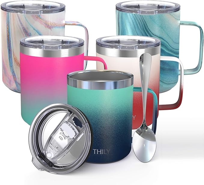 THILY Stainless Steel Insulated Travel Mug 12 oz Vacuum Insulated Coffee Cup with Handle, Spill-proof Lid, Keep Coffee Cold or Hot, for Camping or Outdoor, Green & Navy