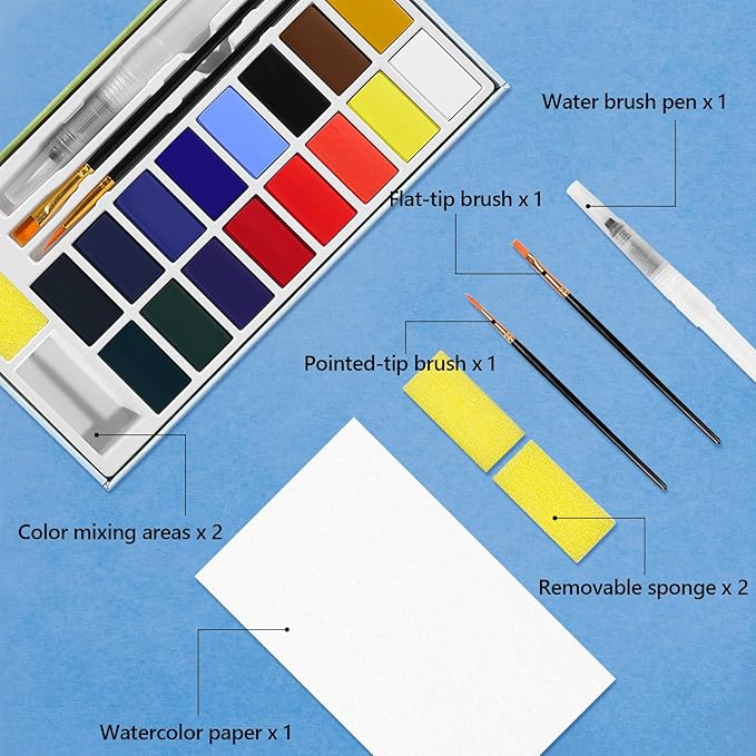 16 Colors Large Block Watercolor Paint Set for Watercolors Workbook, Portable Water Colors Paint Kit with 2 Paintbrushes 1 Waterbrush, for Adult Painting Beginners & Professional Amateur Hobbyists