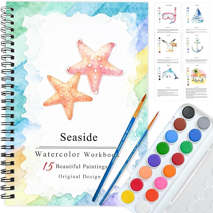 SLWBZ Watercolor Workbooks Coloring Book, Beginner Friendly Painting Kit, Detailed Steps, Creative Exploration Watercolor Book with Paint Set for Adults Teens (Seaside, with Paint)