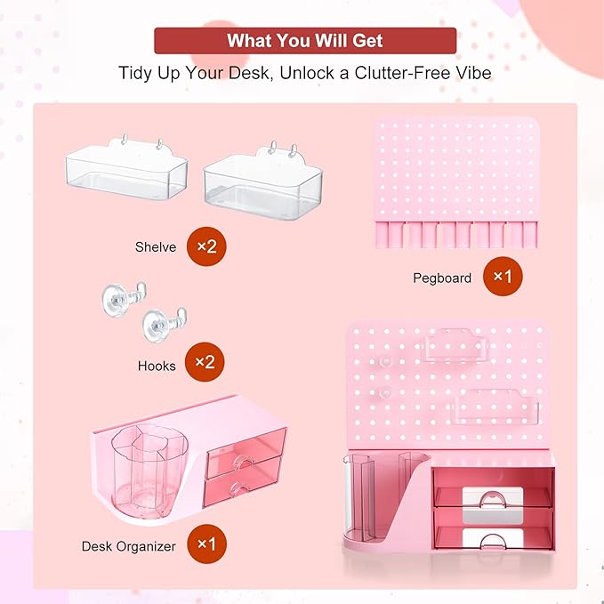 Comix Desk Organizer with Drawer, 360° Rotating Pen Holder for Desk, Pen Organizer with 5 Slots Pencil Holder+Pegboard+2 Drawer for Office Home Art Supplies (Pink)