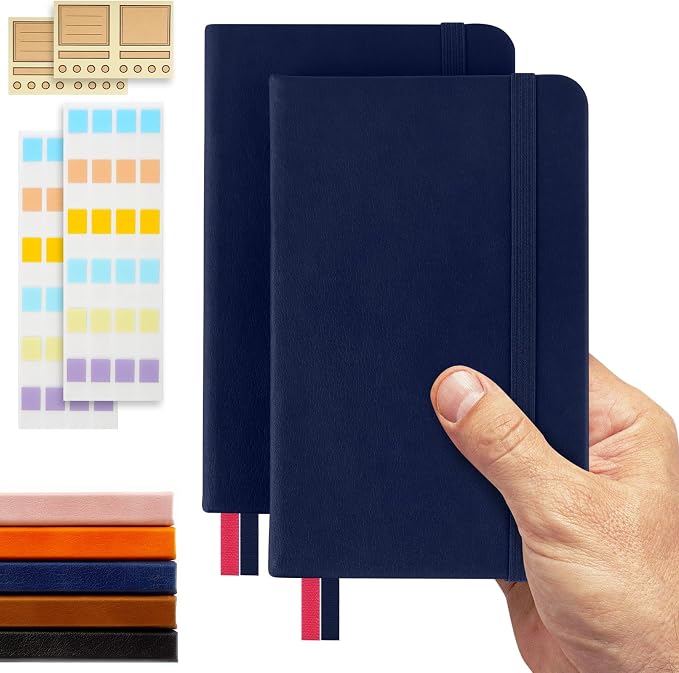 Pocket Dotted Notebook, 2-Pack Dot Grid Notebook, Dotted Journal with Stickers, 3.5" x 5.5" Hardcover, Small Mini A6 size, 160 Pages, 100 gsm Thick Paper, Navy Blue