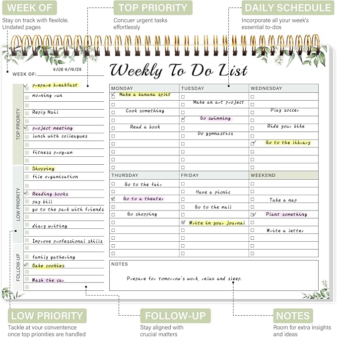 Weekly To Do List Pad with 52 Undated Sheets（8.5"×11"）- Weekly Desk Notepad with Spiral Binding for Women & Man, Office, School and Home Personal Organizer