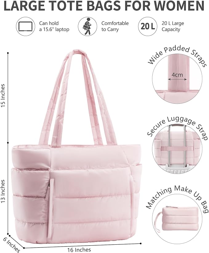 Bagstellar Puffer Tote Bag for Women, Lightweight Puffy Work Handbag Teacher Nurse Quilted Shoulder Bag for School Travel Gym | Cloud Bag w/ Zipper