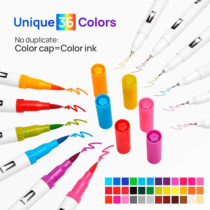 Eglyenlky Colored Markers for Adult Coloring Book, Felt Tip Marker, Dual Tip Brush Pens with Brush and Fine Tip for Adult Teen Kid Drawing (36 Colors Set)