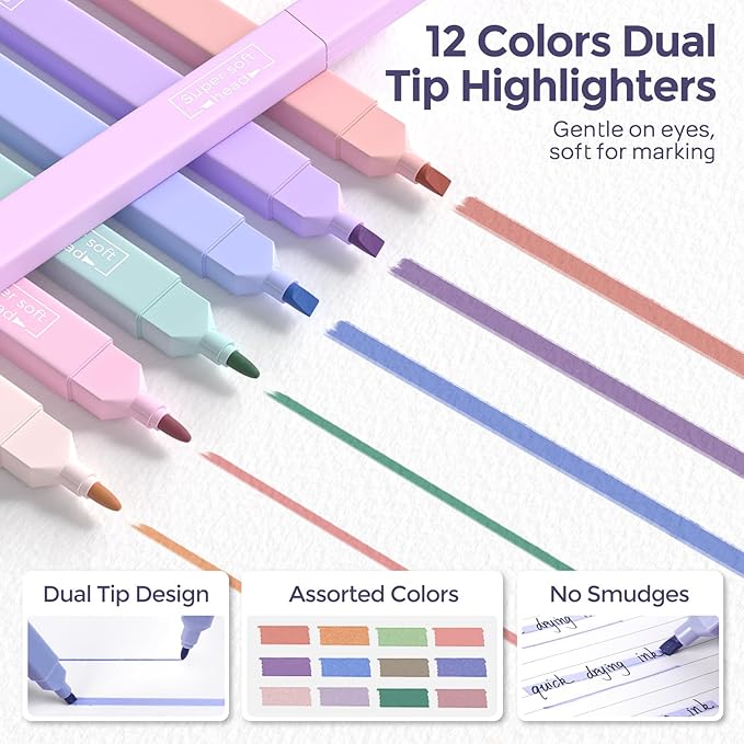 Nicpro 39 PCS Aesthetic School Supplies with Cute Purple Pencil Case, 12 Pastel Highlighters, 5 Quick Dry Black Ink Pens, 6 Mechanical Pencil 0.5 & 0.7mm for Girl Student Stationary College Essentials