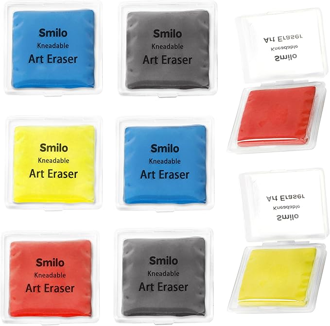 Smilo Kneaded Erasers for Artists, 8-Pack (4 Colors - 2 Each) | Reusable, Dust-Free, No Smudge | Moldable Putty Eraser with Case | Ideal for Drawing, Sketching, Students（Red,Blue,Yellow,Grey）