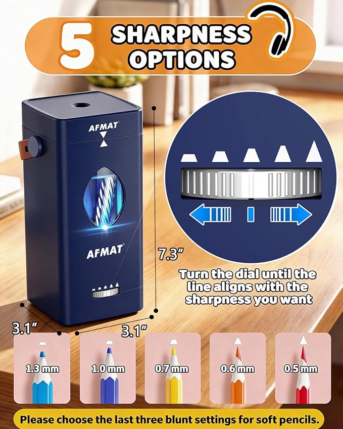 AFMAT Electric Pencil Sharpener, Rechargeable & Cordless, Fully Automatic Pencil Sharpener for Classroom, Auto in & Out, 5 Sharpness Modes, Heavy Duty Sharpeners for 6-12mm No.2/Jumbo Pencils PSC7