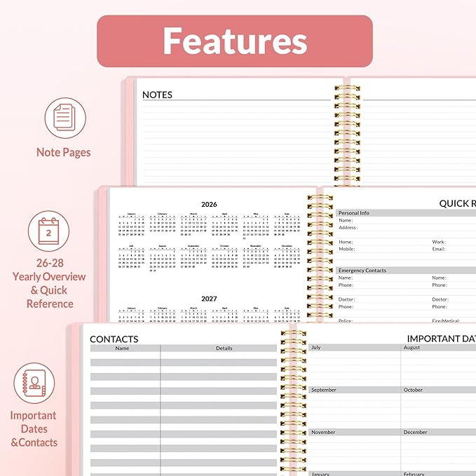 SUNEE 2026 Weekly and Monthly Planner - from January 2026 - December 2026, Daily Agenda Planner with Monthly Tab, Flexible Cover, Note Pages, Pockets, Bookmark, Spiral Binding, Pink, 8.5"x11"