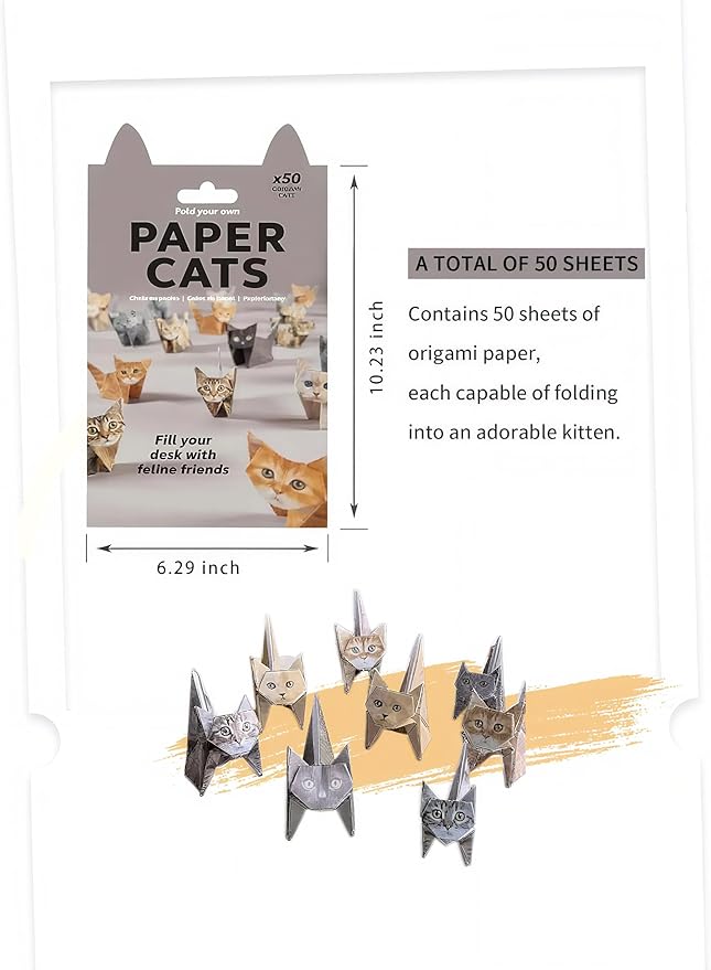 3D DIY Origami Cat Kit for Adults & Teens – 50 Cute Paper Cats to Fold, Relaxing Paper Craft Kit for Cat Lovers, No Glue or Scissors Needed