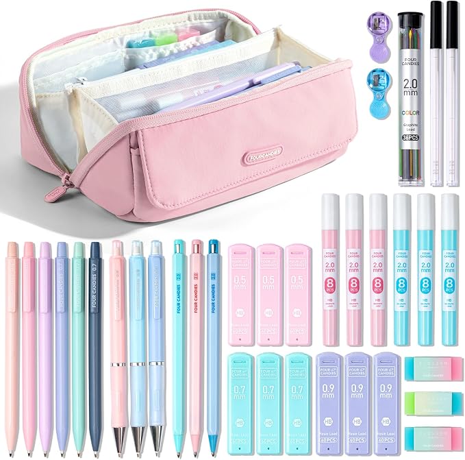 Four Candies 36PCS Mechanical Pencil Set with 624 Lead Refills (Light Pink) | 0.5mm, 0.7mm, 0.9mm & 2.0mm Mechanical Pencils, Aesthetic School Supplies for Writing, Drawing, Drafting and Note-Taking