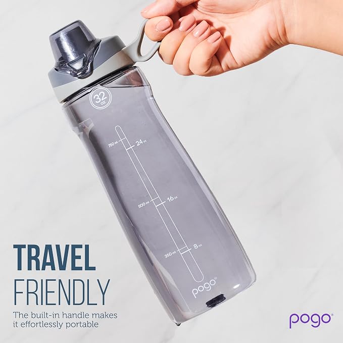 Pogo Plastic Water Bottle with Chug Lid and Carry Handle, Reusable, BPA Free, Dishwasher Safe, Perfect for Travel, School, Outdoors, and Gym, 18oz 32oz 40oz 64oz