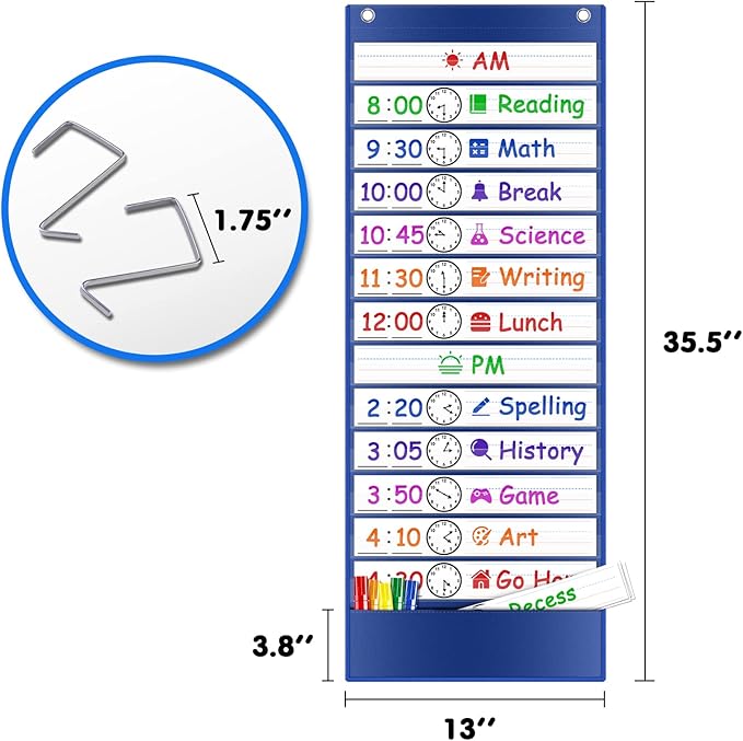 Daily Schedule Pocket Chart, 13+1 Pockets Visual Schedule for Kids, 18 Reusable Dry Eraser Cards 2 Over The Door Hooks, Daily Schedule for Kids, Classroom, School, Office or Home (BLUE)