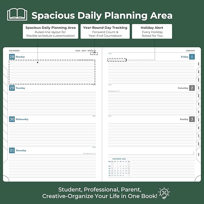 Planner 2026-2027 Daily Weekly and Monthly,11.5"x8.5",18 Months Spiral Bound Calendar Agenda with Self-adhesive Pen Holder,2026 Academic Plan with Vegan Leather Soft Cover,Green