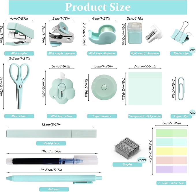 Mini Office Supplies, Teal Stapler with Staples and Tape Dispenser Set, Mini Stationary Kit Includes Sticky Notes Index Tabs Highlighters Gel Pens for Office & School Supplies (Teal)