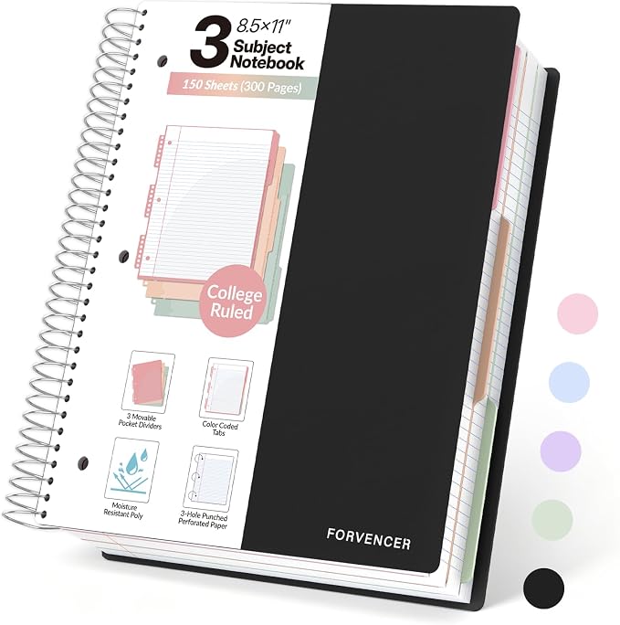 Forvencer 3 Subject Notebook College Ruled, Spiral Notebooks, 8.5" x 11"