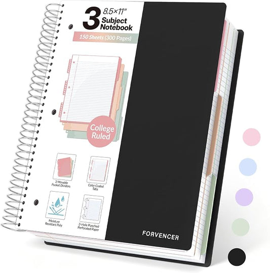 Forvencer 3 Subject Notebook College Ruled, Spiral Notebooks, 8.5" x 11"