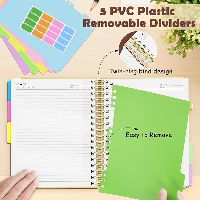 QIYVLOS Hardcover Spiral Notebook, B5 Journal with Removable Dividers Tabs, 5 Subject Notebook College Ruled, 320 Pages 8"x10" Leather Notebooks for Work School Study, Lined Journal for Women, Yellow