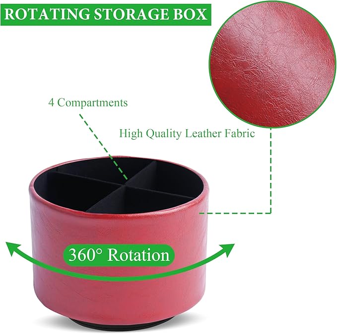 Round Leather Art Supply Organizer,Remote Control Holder,360 Degree Spinning,Multi-Functional Pencil Holder,4 Compartments Desktop Stationary Organizer(1-Oil Red)