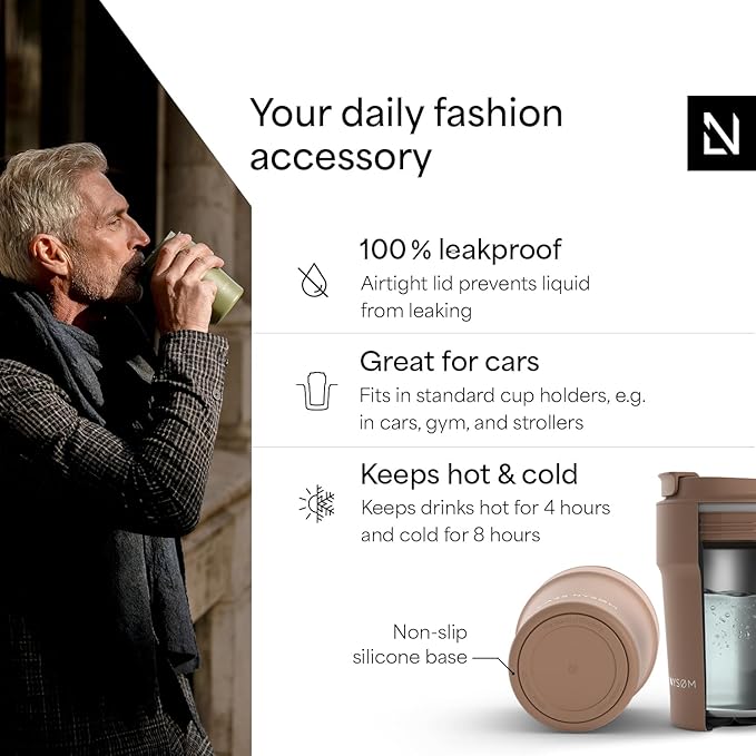 LARS NYSØM Thermo Coffee Mug to go 13oz | Travel Mug 0.38 Liter with Insulation | Silicone grip base | Leak Proof Stainless Steel Tumbler for Coffee and Tea on the Go (Powder Mocha Brown, 13oz)