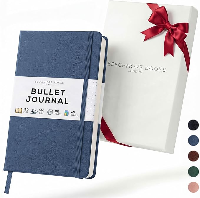 BEECHMORE BOOKS A5 Dotted Journal – 160gsm Thick Paper No-Bleed Bullet Notebook – Hardcover Dot Grid Logbook with Presentation Gift Box – Vegan Leather Sketchbook for Artists & Professionals