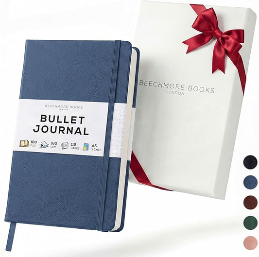BEECHMORE BOOKS A5 Dotted Journal – 160gsm Thick Paper No-Bleed Bullet Notebook – Hardcover Dot Grid Logbook with Presentation Gift Box – Vegan Leather Sketchbook for Artists & Professionals