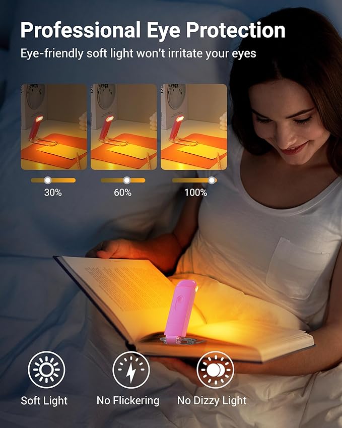 DEWENWILS Amber Book Light, USB Rechargeable Book Light for Reading in Bed, 3 Brightness Levels, Blue Light Blocking, LED Clip-on Reading Light for Kids, Bookworms (Pink)