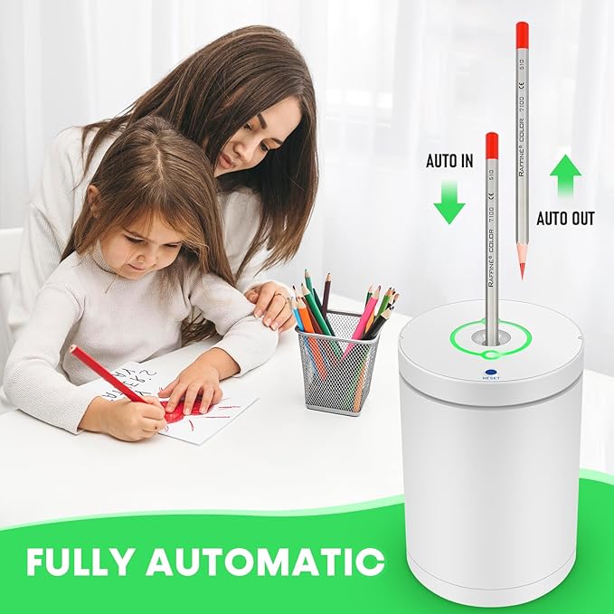 Fully Automatic Electric Pencil Sharpener,Rechargeable Smart Pencil Sharpener.Suitable for No. 2/Colored Pencils (6-8 mm),Applicable to School/Classroom/Office/Home(White)