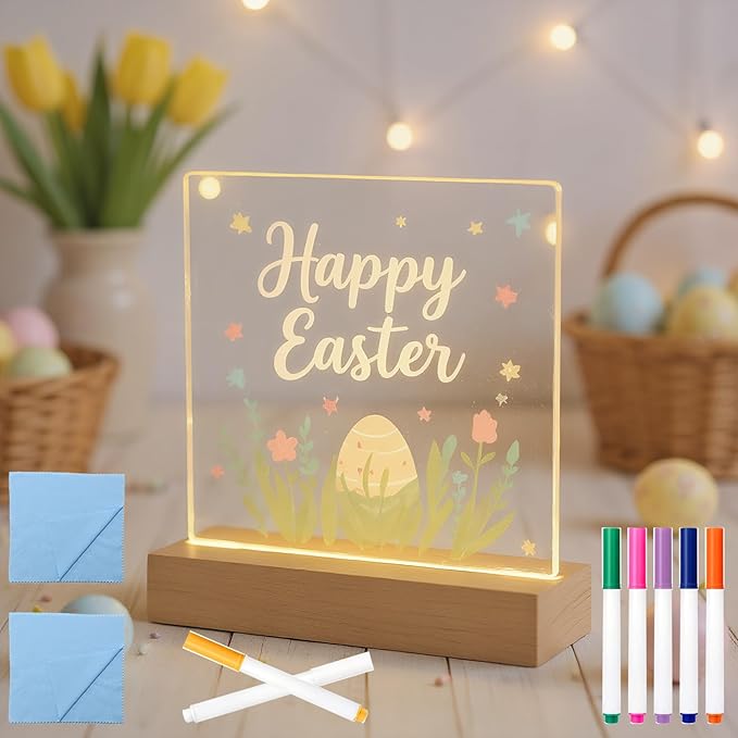 5.9 x 5.9 Inch Warm LED Message Note Board with Colors, Clear Acrylic Light Up Dry Erase Drawing Writing Board with Stand