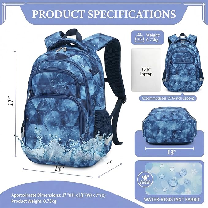 Cusangel Kids Backpack for Girls and Boys, 16in Nylon Bookbag, Large Capacity, Multi-Pocket with Chest Strap, Ages 8-14 (Blue-Boysbag)