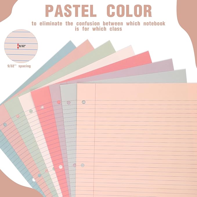 PerKoop 400 Sheets Colored Loose Leaf Paper 8.5" x 11" college ruled Lined 3 Hole Punched notebook Filler Paper for 3 Ring Binders Office School Supplies (Retro Color)