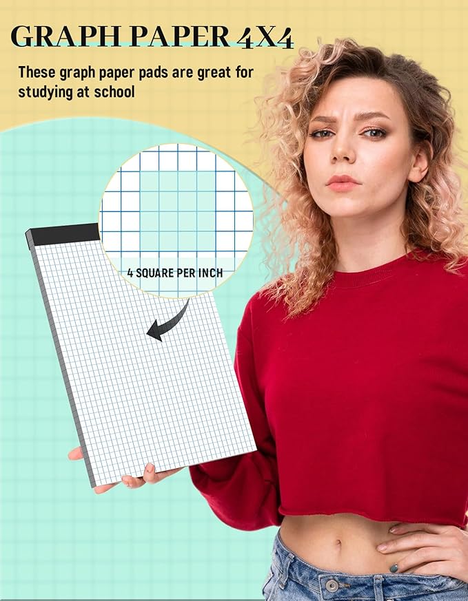 Graph Paper 8.5 x 11, 6 Pack, 4x4 Graph Ruled, Grid Paper 8-1/2 x 11, Blueprint Quadrille Pad 8.5'' x 11'', Easy Tear Off Graph Paper Pad White Grid Notebook, White Draft Paper 30 Sheets/Pad