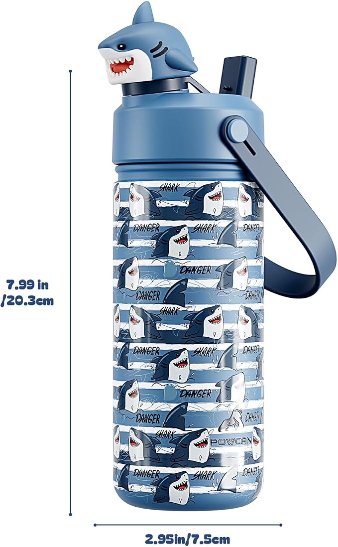 POWCAN 18 oz Insulated Water Bottle for School: 2-in-1 Straw Spout Lid with Soft Animal Head, Leakproof, BPA-Free, Keep Cold 24H, Easy Carry, Stainless Steel Cup for Kids, Boys, Girls (Baby Shark)