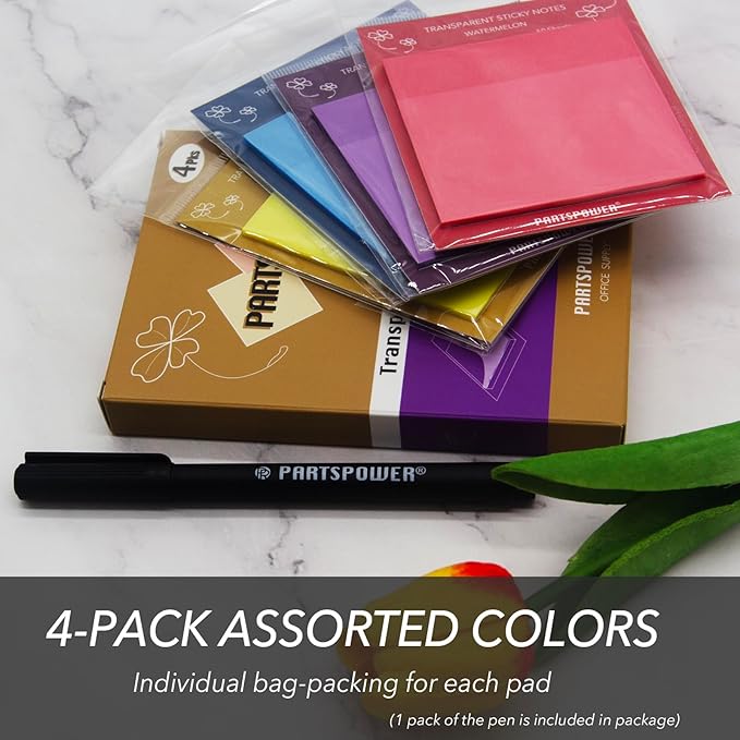 PARTSPOWER Super Transparent Sticky Notes, Jewel Tones 4 Packs 3X3 Inch See Through Annotating Sticky Notes for Annotating, Bible Study Supplies, Office School Supplies - Hot Kisses Series