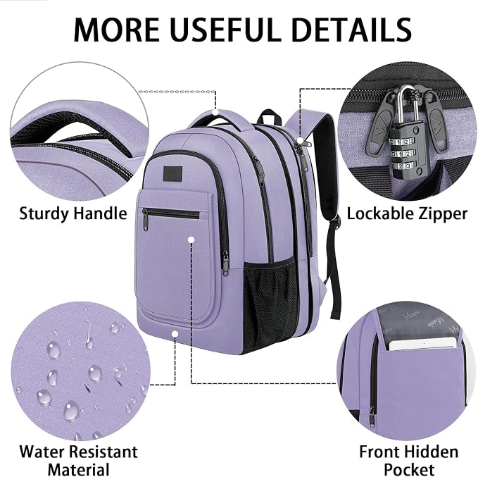MATEIN Travel Backpack for Women, Expandable 15.6 inch Laptop Backpack | Anti Theft Computer Bag, Water Resistant Material, 29.5 - 36.8L, College, Business, Gift for Adults, Light Purple