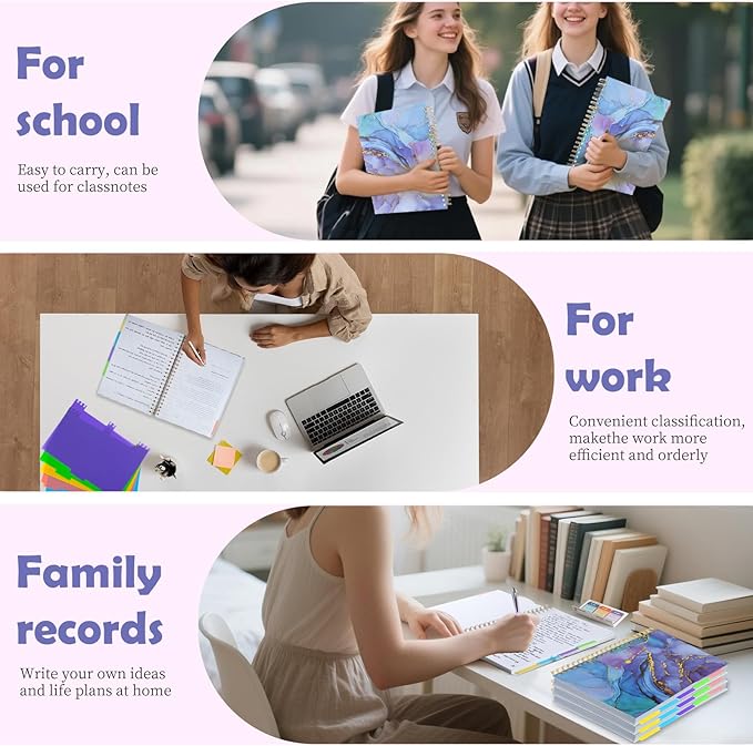 5 Subject Notebook for Work with Removable Dividers Tabs, Large 8.5" x 11 Spiral Lined Notebooks for School Note Taking & Organizer, A4 240 Pages College Ruled Journal for Women & Writing, Purple