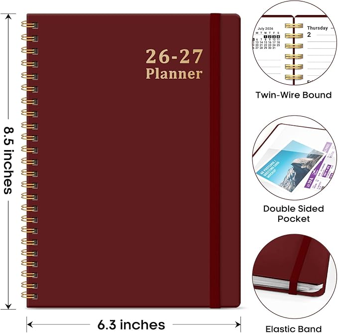 Planner 2026-2027, 6.3" x 8.5" Weekly and Monthly Academic Year Planner Calendar, July 2026 - June 2027, Hardcover Large School Planning Agenda With Tabs, Perfect for School & Office Supplies, A5, Burgundy
