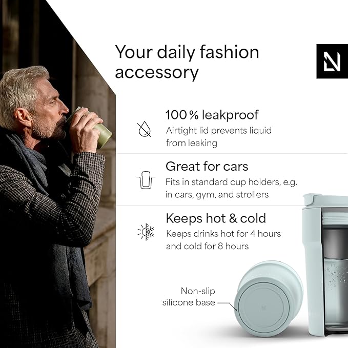 LARS NYSØM Thermo Coffee Mug to go 17oz | Travel Mug 0.5 Liter with Insulation | Silicone grip base | Leak Proof Stainless Steel Tumbler for Coffee and Tea on the Go (Powder Misty Blue, 17oz)