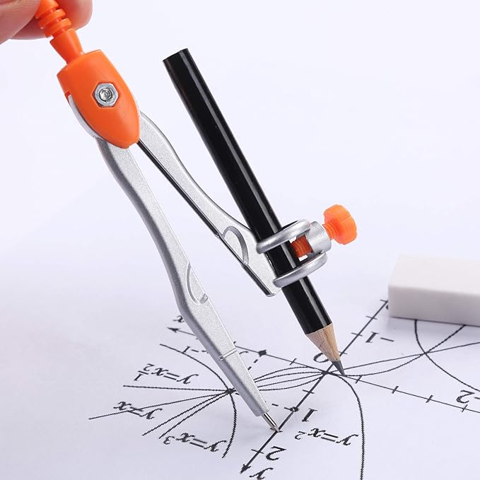 Vobou 10 Pieces Math Geometry Kit Set Student Supplies with Shatterproof Storage Box,Includes Rulers,Protractor,Compass,Eraser,Pencil Sharpener,Lead Refills,Pencil,for School and Drawings（Orange）