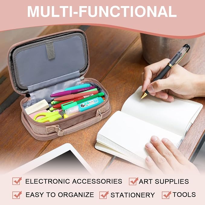 VASCHY Pencil Case, Large Pencil Pouch with Compartments for Middle School,Work,Office Pen Organizer Holder School Supply Pink