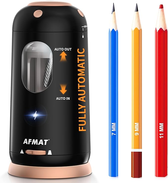 AFMAT Electric Pencil Sharpener, Auto in & Out, Fully Automatic Pencil Sharpener, Rechargeable Hands-Free Sharpeners for Jumbo & Colored Pencils (7-11.5mm), Good for Classroom/Home/Office PSC8(Black)