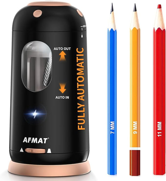 AFMAT Electric Pencil Sharpener, Auto in & Out, Fully Automatic Pencil Sharpener, Rechargeable Hands-Free Sharpeners for Jumbo & Colored Pencils (7-11.5mm), Good for Classroom/Home/Office PSC8(Black)